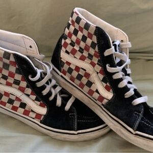 Men’s Vans Sk8-Hi HighTop Suede Sneakers - Black, Red, and White Checkered